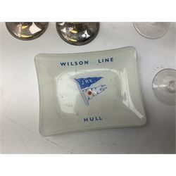 Wilson Line of Hull - five graduated ceramic jugs by Weatherby, Adams and Crown Ducal, largest H22cm, sets of six port and liqueur glasses, four silver plated menu holders and glass ashtray (22)  