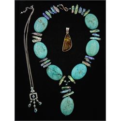 Silver jewellery including turquoise and pearl bead necklace, blue stone pendant necklace and a Baltic amber pendant