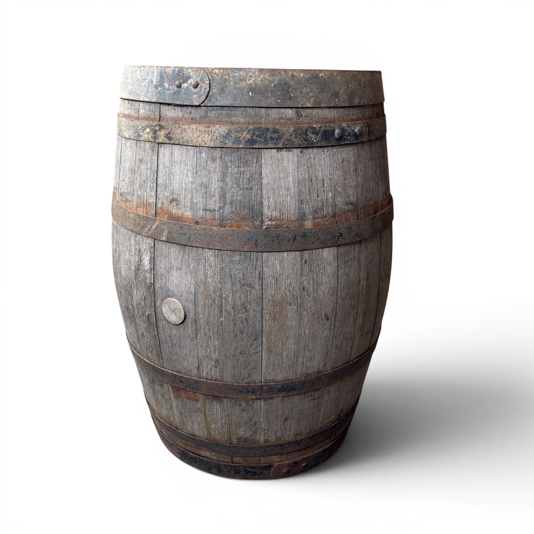 Vintage oak and metal bound whiskey barrel