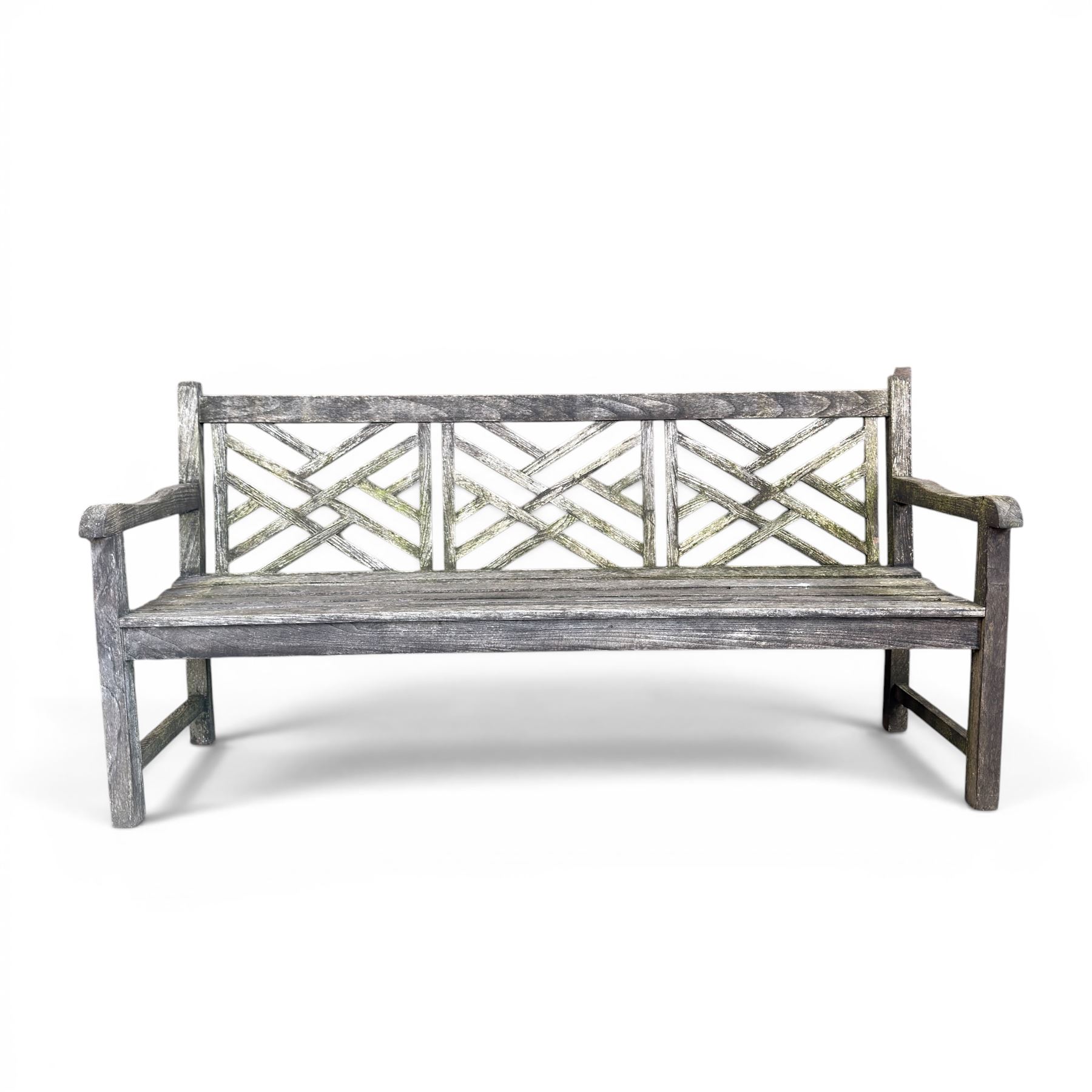 Plantation teak garden bench, triple lattice with slatted seat