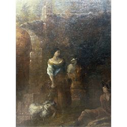 Jan Dircksz Both (Dutch 1615/18-1652) and Andries Both (Dutch 1612/1613-1642): Shepherd and Wife within an Italian Landscape, oil on canvas attributed and titled on the mount 60cm x 50cm 
Provenance: previously owned by the Countess Michalowski, Cork 
Notes: this picture captures the typical golden Italian light and shadowy foreground that Both highlighted in many of his works from the 1630s and early 40s. It is likely the figures were executed by his elder brother Andries, who drowned in Venice 1642.