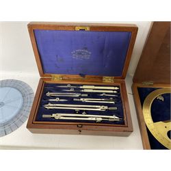 Brass 360 precision drafting protractor by Chadburn bros, in mahogany case, A G Thornton Drawing instruments in a mahogany case, together with P.I.C slide ruler, Nautical protractors etc 