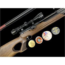 Weihrauch HW100 .22 calibre PCP repeating air rifle; walnut thumbhole stock with textured pistol-grip; Nikko Stirling Silver Crown 3-9x40 telescopic sight; integral sound moderator; No.1901181 L99cm overall; in gun sling; with Logun Combi-Pump and quantity of pellets