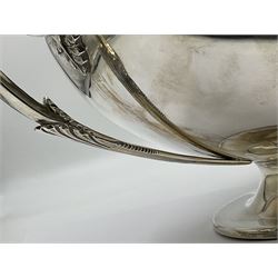 1920s silver twin-handled pedestal bowl, of navette form with twin bifurcated acanthus capped scroll handles, engraved with initial R to body and upon spreading oval foot, hallmarked Hawksworth, Eyre & Co Ltd, Sheffield 1925, including handles H21.8cm