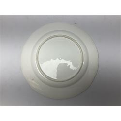 Three 19th century plates, comprising two circular examples and one oblong, each with osier moulded sides, the centres decorated in underglaze blue with Gillyflower type pattern, circular examples D25cm oblong example W27cm