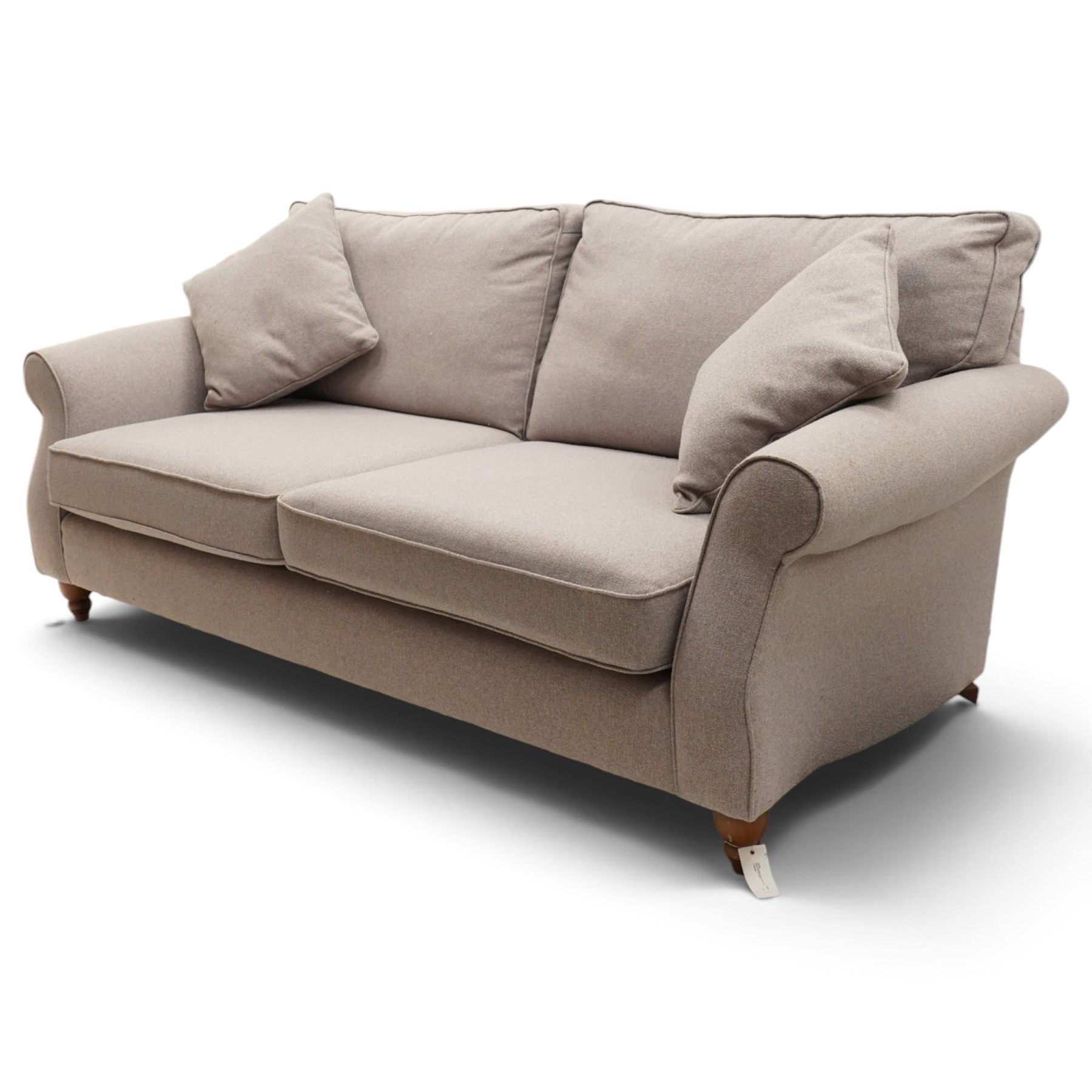 Next - contemporary four-seater sofa, upholstered in lilac fabric, square back with scrolled arms, fitted with two loose seat cushions and two loose back cushions, with arm cushions, raised on turned feet 