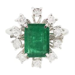 18ct white gold octagonal cut emerald and round brilliant cut diamond cluster ring, emeral...