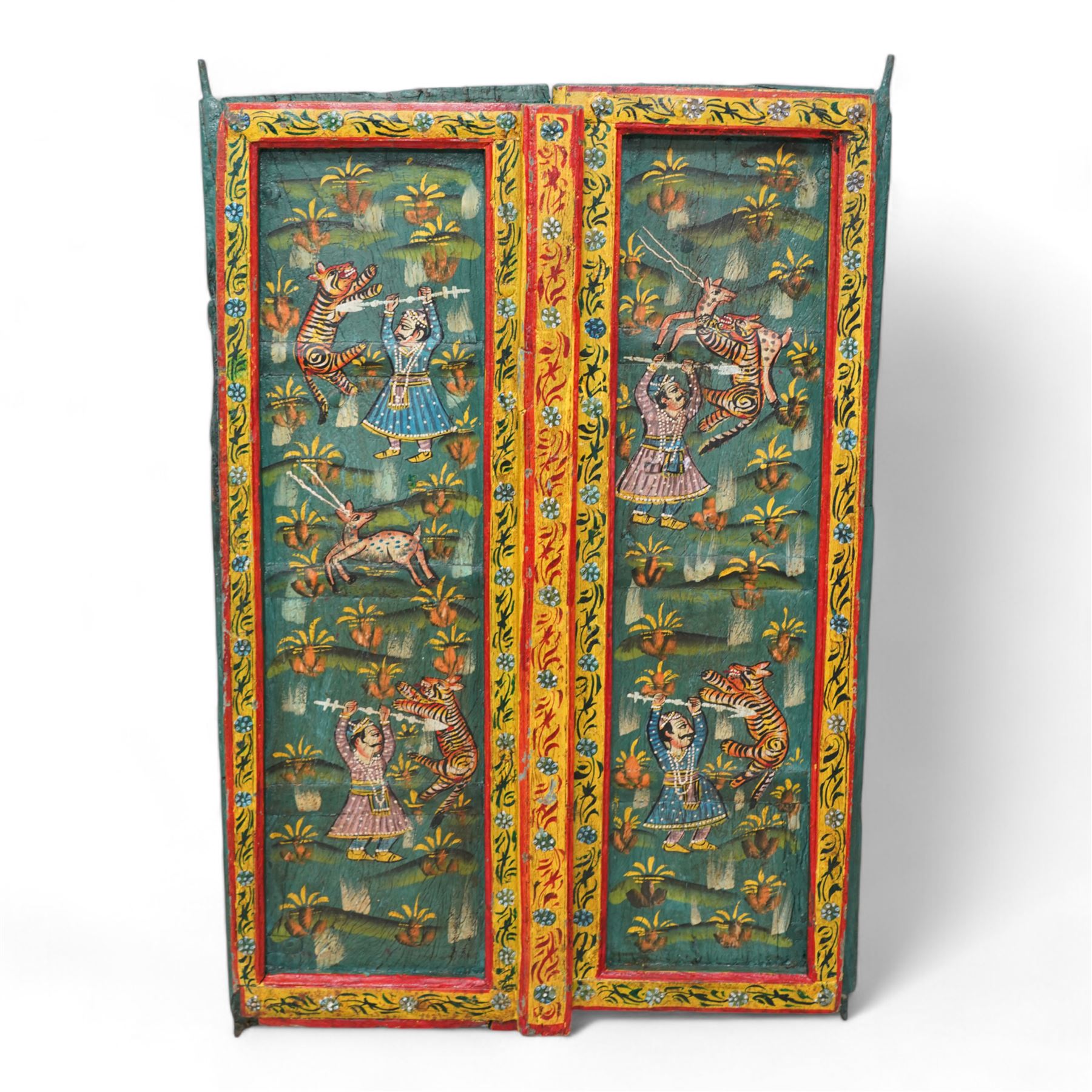 Two painted hardwood window shutters, decorated with tigers and figures 65cm x 93cm & 62cm x 90cm 