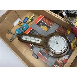 Iron scales, Smiths oak cased barometer, pair of Mark Scheffel 20x50 binoculars, two cameras, quantity of coins and stamps, clocks, vintage tennis rackets, brass and other metalware, Hornby and other toys etc in five boxes