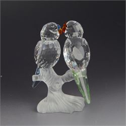 Three Swarovski figures, comprising Giraffe, Cobra and Budgies, all with original boxes  