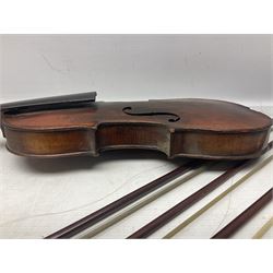 Incomplete amateur made violin c1880 for restoration and completion with 36.5cm one-piece maple back and ribs and spruce top L59.5cm; together with two brazilwood violin bows and pernambuco cello bow, all with nickel mounts (4)
