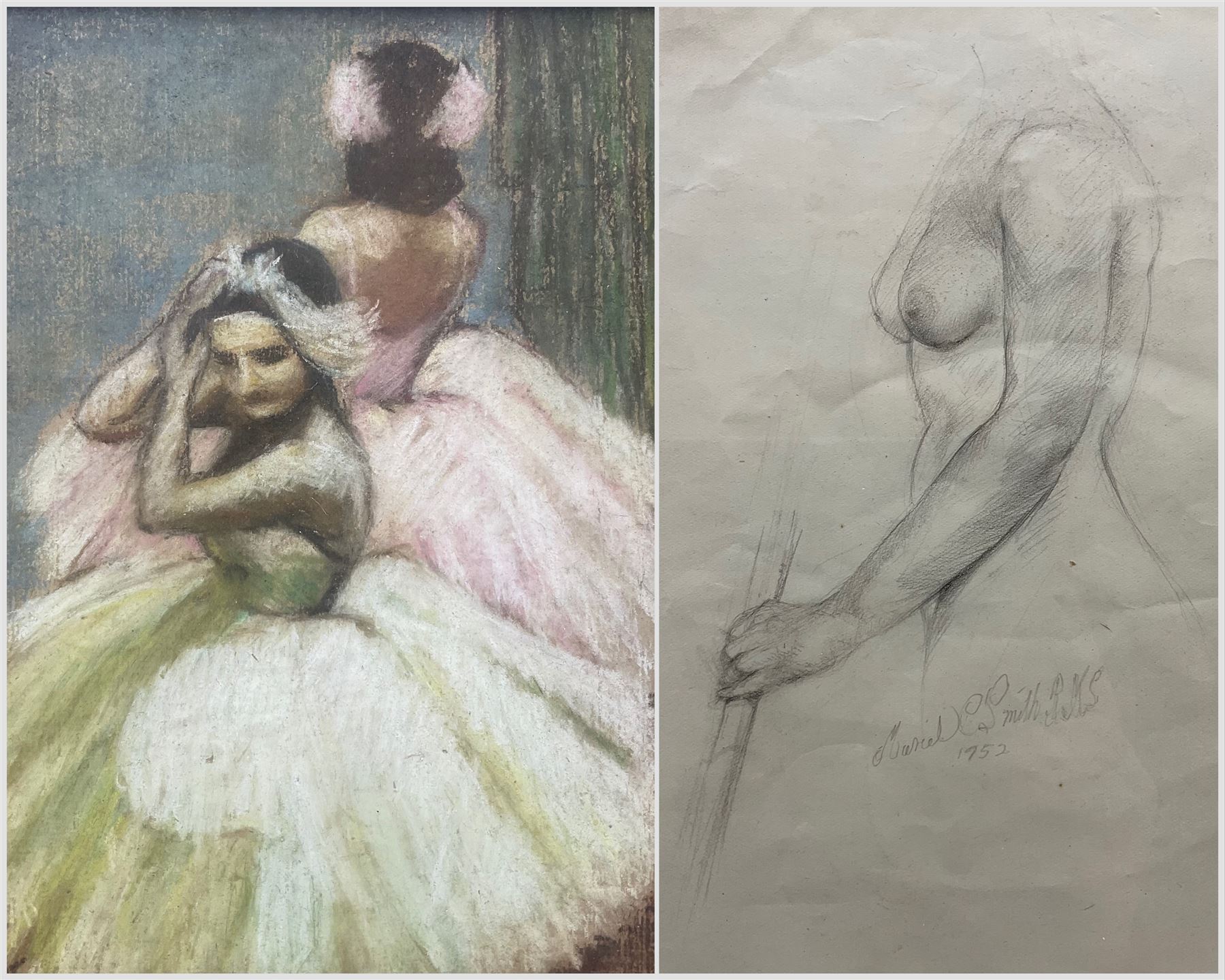 Muriel Constance Smith (British 1903-1993): 'Dancers' and Nude, pastel and pencil, pastel titled on Contemporary Local Artists 1965 label verso, the latter signed and dated 1952, max 24cm x 19cm  (2)