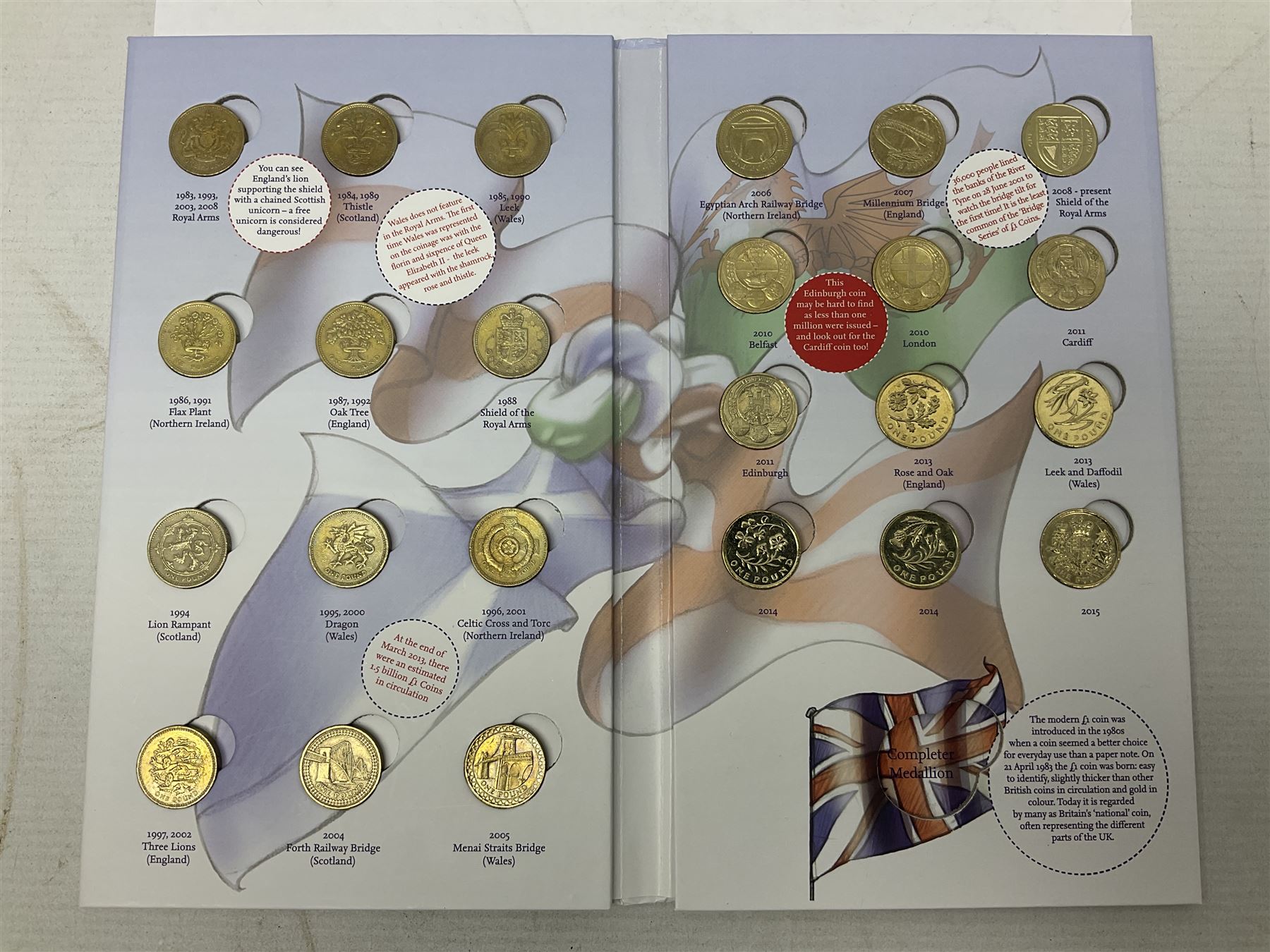 The Royal Mint United Kingdom mostly commemorative two pound, old round one pound and fifty pence coins, overall face value approximately 110 GBP, housed in three 'Coin Hunt' folders and loose