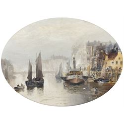 Walter Linsley Meegan (British c1860-1944): Steamer in Whitby Harbour, oval oil on board signed 28cm x 37cm