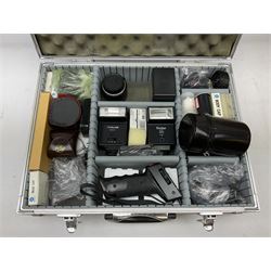 Camera hard case, together with minolta 'MC tele Rokkor-PF 1;2.8 f=135mm 1543968' lens, Minolta 'RMC Tokina Doubler for M/M', Vivitar Auto 2600 flash, Cobra Auto 210 flash, etc 