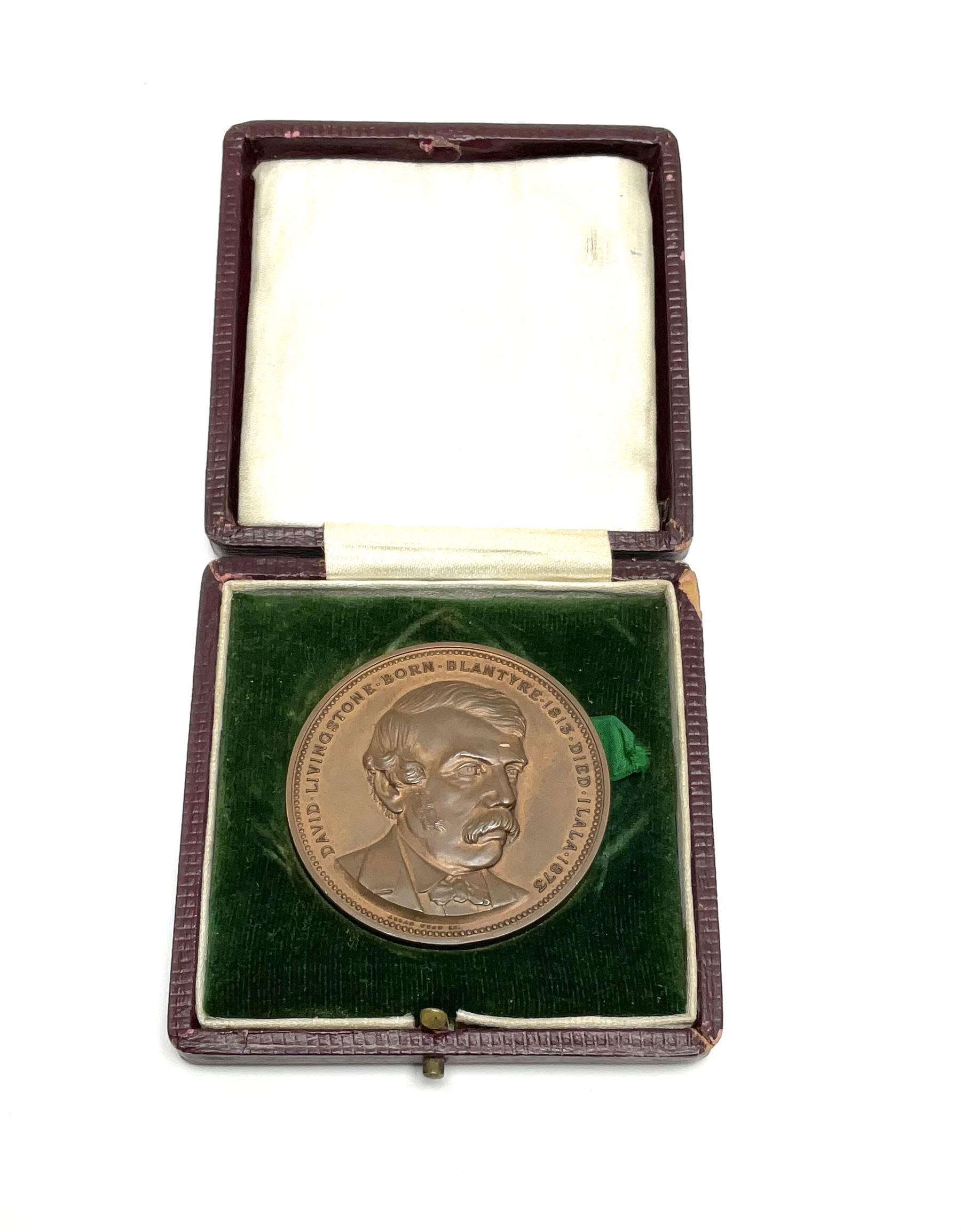 David Livingstone (1813-1873) commemorative medallion celebrating the Centenary of his birth, by Allan Wyon, struck on the Centenary of Livingstone's birth in 1913, in original maroon case 'Livingstone Centenary 1913' to the lid