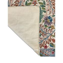 Crewel work wool chain wall hanging or rug, decorated with leaves and flower heads, the border with trailing floral pattern