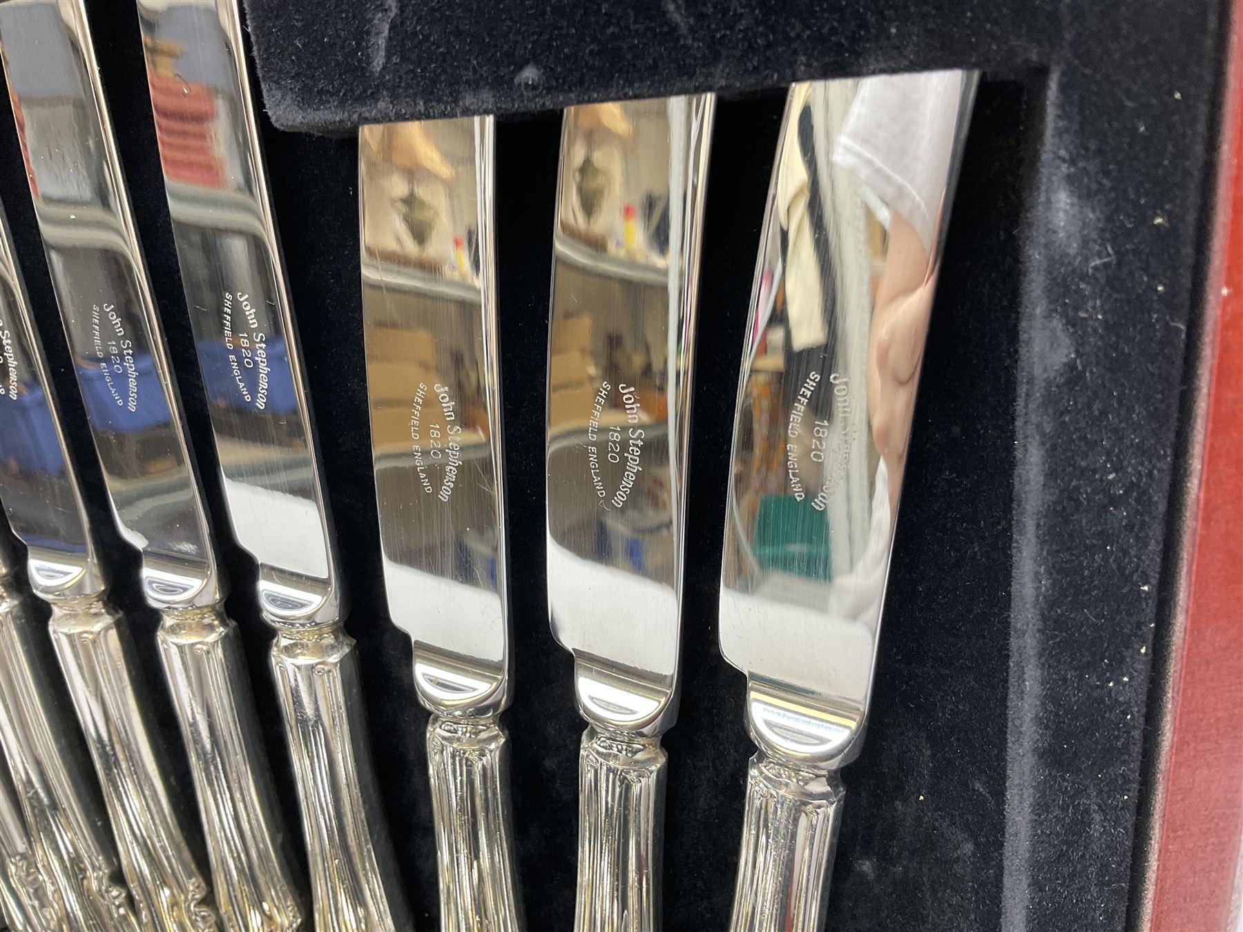 Canteen of Sheffield silver-plated cutlery by John Stephenson, six settings, cased, L38cm