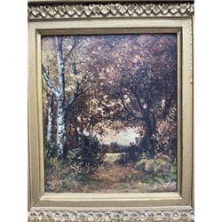 English School (20th century): Forest Landscape, oil on canvas board unsigned 15cm x 13cm, together with three early 20th century watercolours (4)