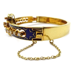  Victorian style 18ct gold diamond and blue enamel hinged bangle, stylized open work flower design, set with seventeen round brilliant cut diamonds, London 1976  