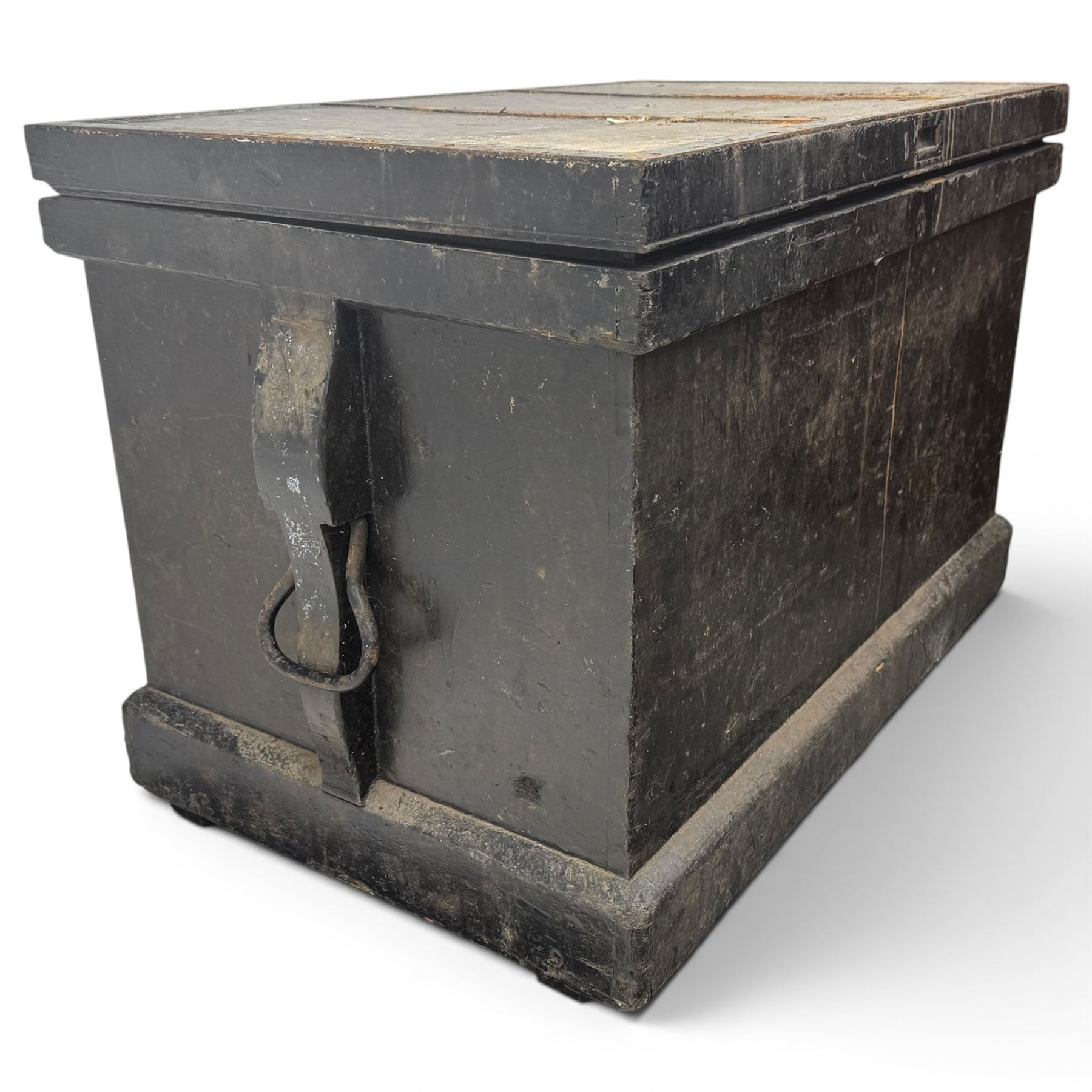 20th century black painted camphorwood lined tool chest, rectangular hinged lid over moulded edge, black painted exterior with iron straps and carry handles, the interior fitted with sliding lidded trays and drawers with turned handles, containing an assortment of hand tools