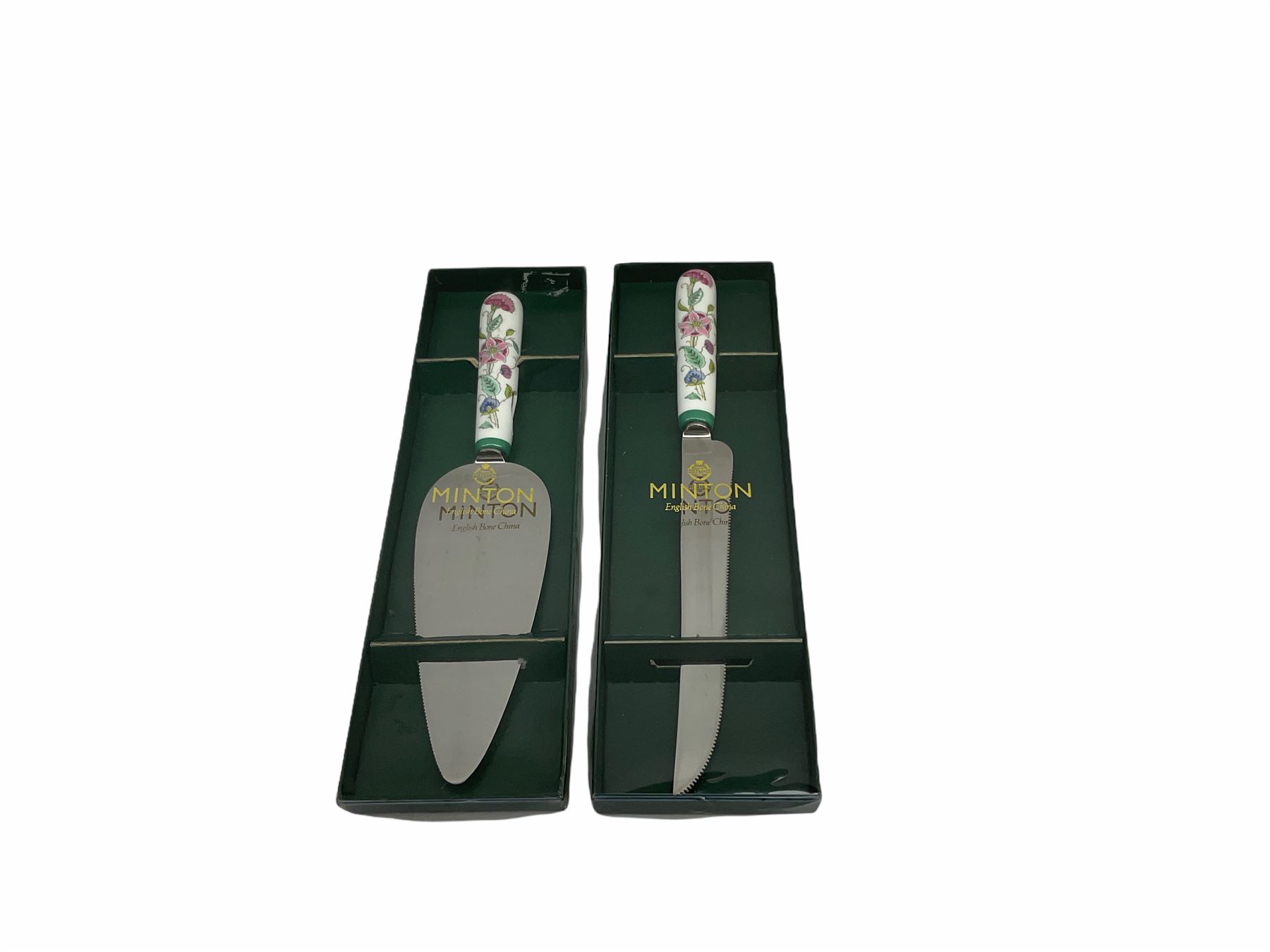 Minton Haddon Hall pattern tea and dinner wares, including basket dish, two covered tureens, six dinner plates, eight dessert plates, twelve tea plates, six soup bowls, six cereal bowls, teapot, coffee pot, milk jug, covered sucrier twelve tea cups and saucers, six mugs, footed bon bon dish, pair of candlestick holders, cake knife and slice etc (81)