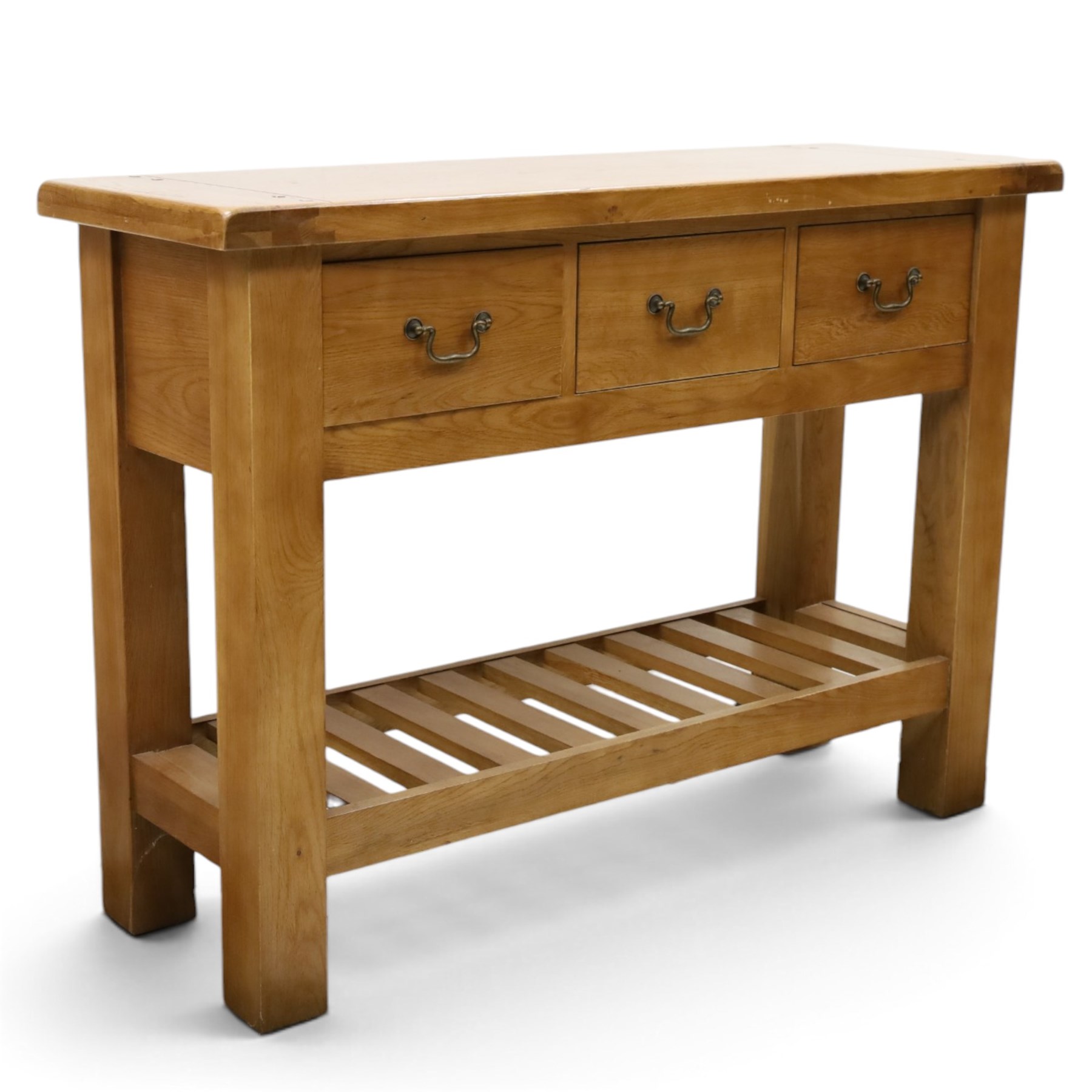 Contemporary golden ash and oak side table, rectangular top fitted with three drawers with swan-neck handles, on square supports united by slatted under-tier