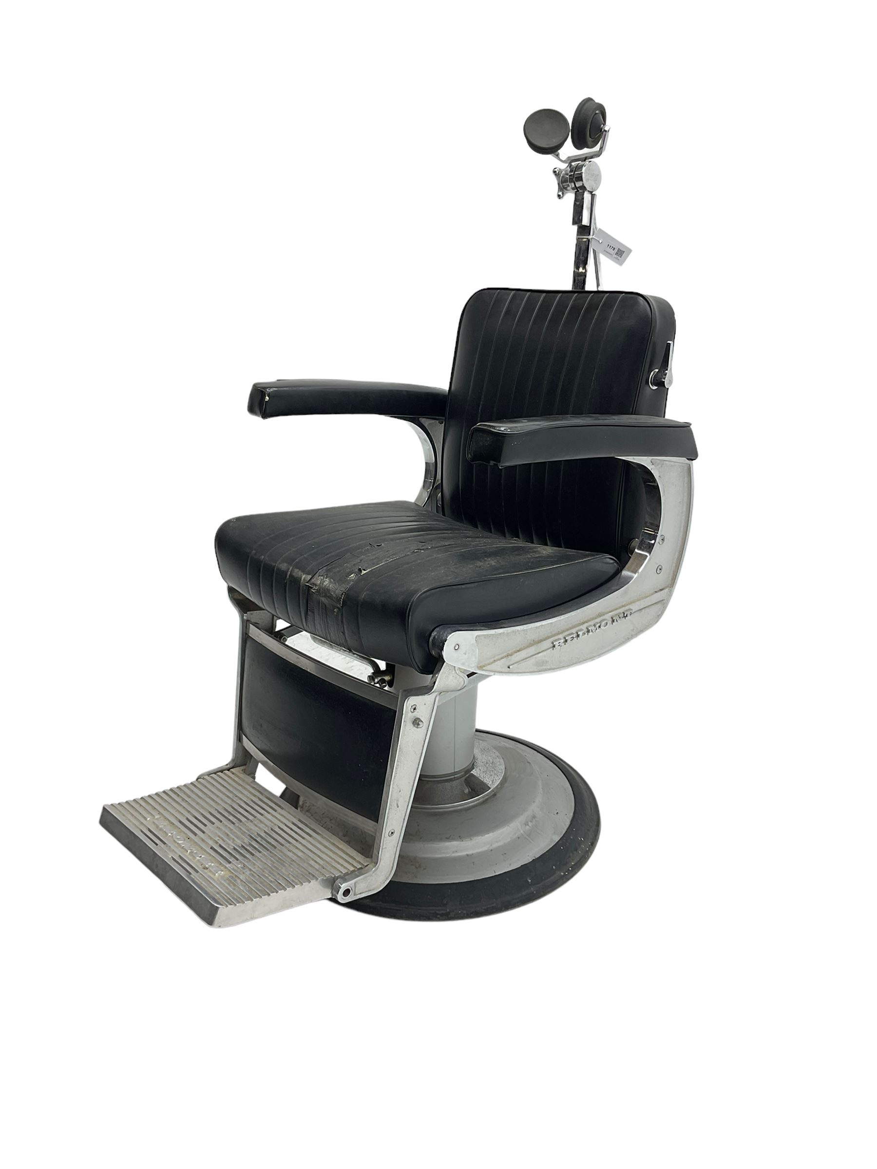 Belmont - mid 20th century barber's chair, upholstered in black leather finish fabric with chrome frame, hydraulic and swivel action 