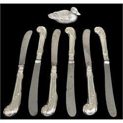 Victorian silver handled Kings pattern dessert set for six place settings, hallmarks heavily worn, probably George Unite, Birmingham, together with a set of silver silver handled tea knives, hallmarks worn and not legible, a 1970's silver handled cheese knife, hallmarked Harrison Brothers, Sheffield 1970, and a filled silver model of a duck, stamped 925 and bearing London import mark