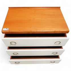 Mid-20th century cherry wood and white painted chest, fitted with three drawers (W77cm, H68cm, D46cm); together with a matching bedside lamp table (W46cm, H48cm, D44cm)