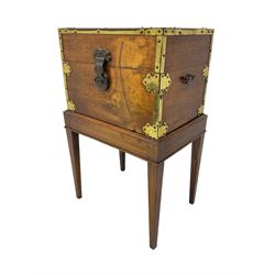 19th century oak cellarette on stand, brass fittings, raised on square tapering supports