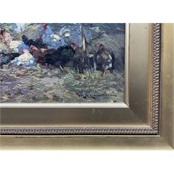 William Bradley Lamond (Scottish 1857-1924): Poultry, oil on board signed 16cm x 22cm
Provenance: with McEwan Fine Art, Aberdeen, label verso