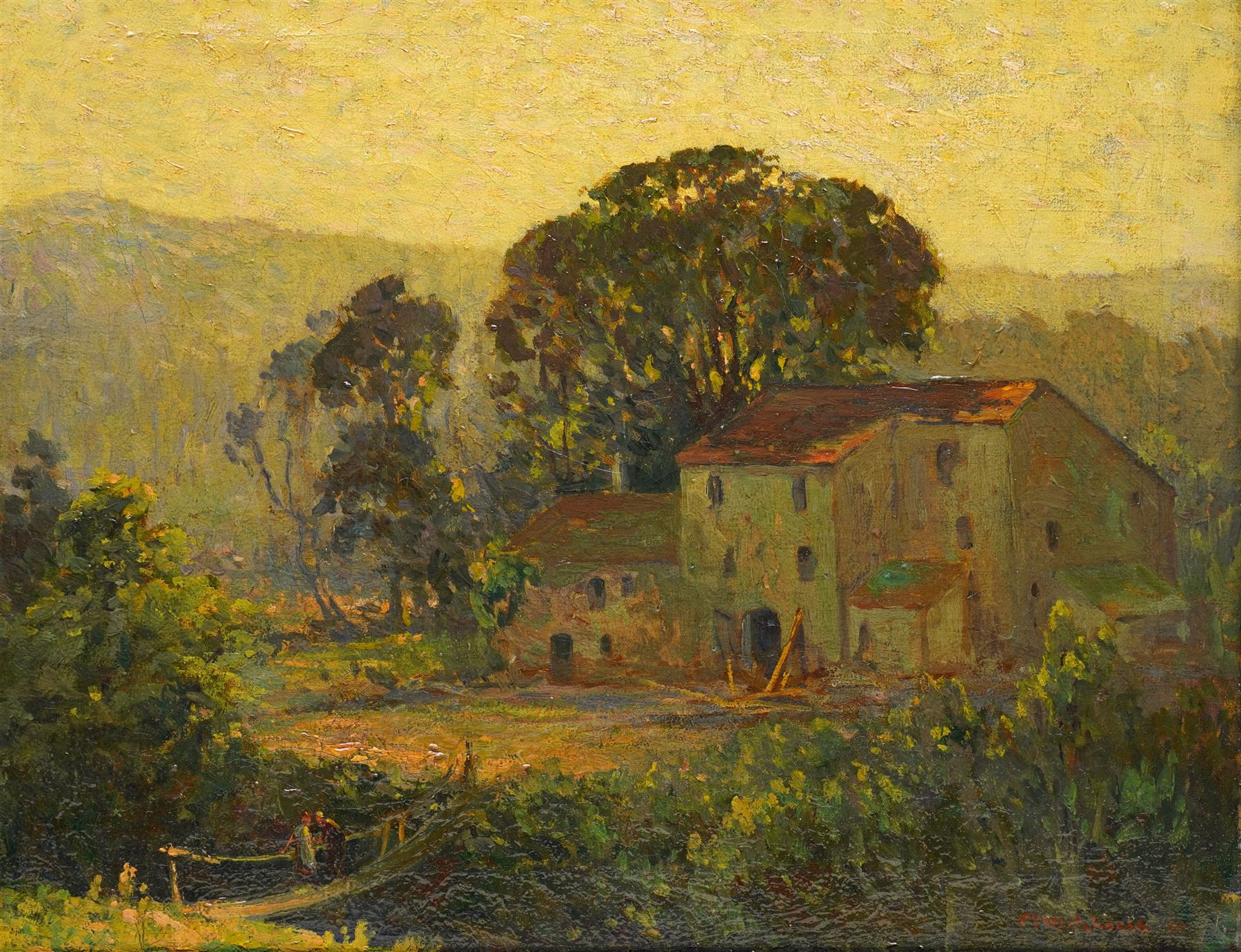 Philip V Whitehouse (British fl.1907-1921): Figures by a Farmstead, oil on canvas signed and dated '20, labels verso 40cm x 50cm