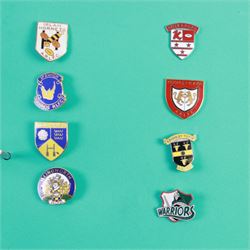 Amateur rugby league enamel badge collection, teams including Birmingham Bulldogs, Bridlington, Dudley Hill, Duke of York, Edinburgh Eagles, Guiseley, Rangers, Huntingdon, Keighley Town, Leigh Miners, Pilkington Recs, St Josephs, Thornhill Trojans, West London Sharks etc, all displayed in three folders and six amateur league badges from Leeds & District, Hull & District, York & District, Warrington, Lancashire County and Yorks County in box display, (approximately 270)