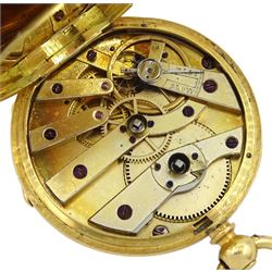 Victorian 18ct gold open face key wound cylinder ladies pocket watch, gilt dial with Roman numerals, the back case with blue enamel forget me not flower and pink flower decoration and engraved 'Fanny Tinker Sep 20 1878 in memory of Catherine Maria Osborne', retailed by W Brown, Sheffield, stamped 18K