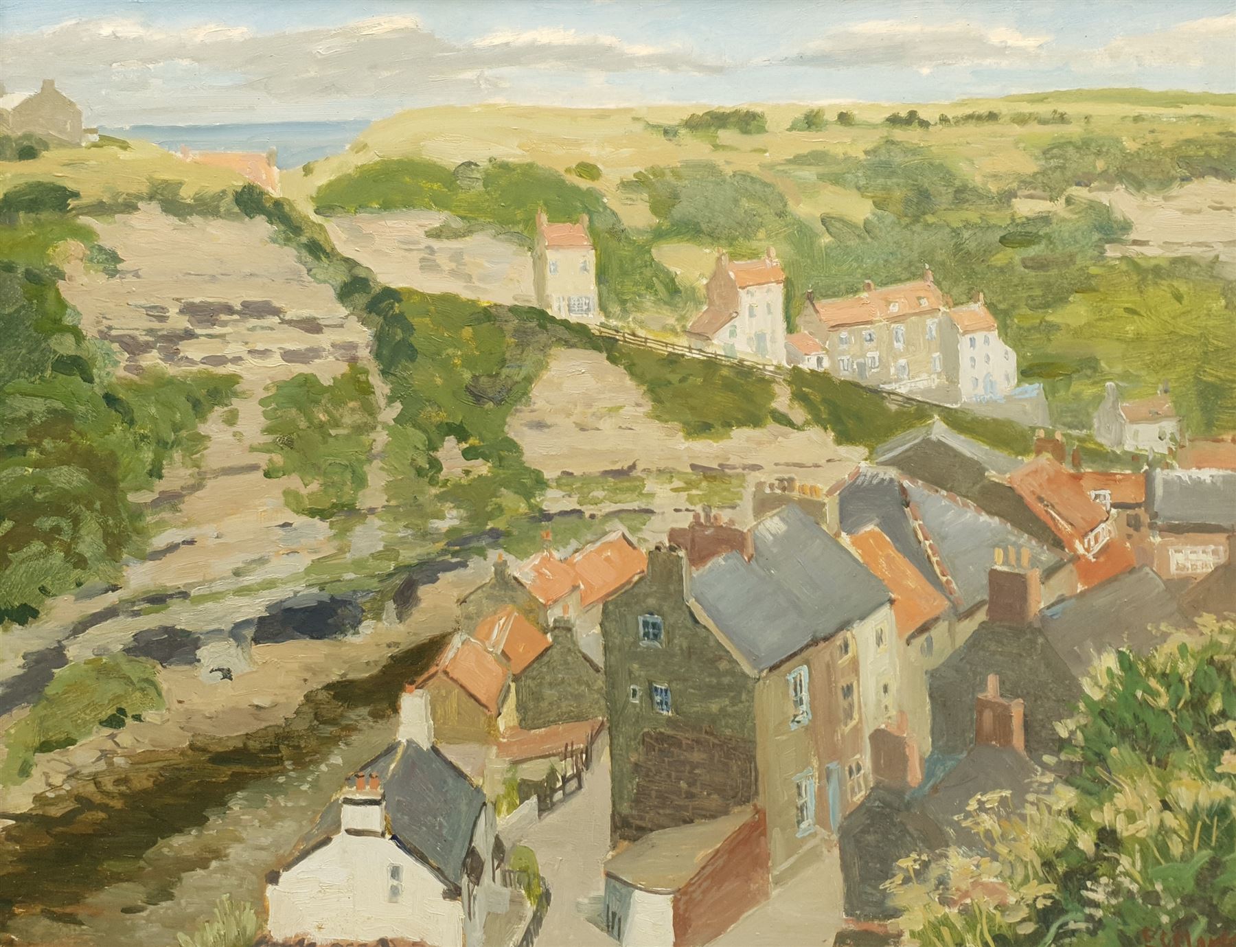 E C Clark (British 20th century): Church Street Staithes looking towards Cowbar, oil on board signed 50cm x 65cm