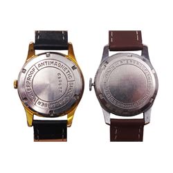 Two metal plated and stainless steel manual wind wristwatches with Tudor dials one with subsidiary seconds dial, both on leather straps