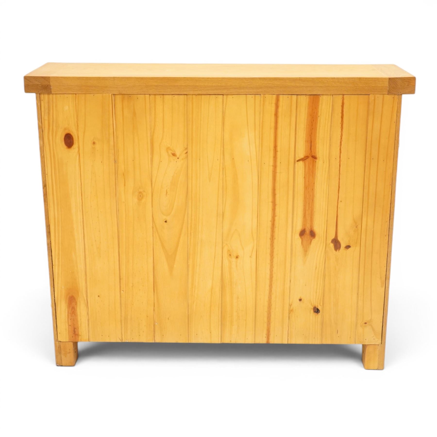 Contemporary solid oak wine rack console table, rectangular top fitted with two drawers, over a three-tier wine rack for twenty-four bottles, on square canted feet