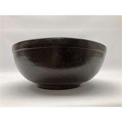 19th century sycamore dairy bowl, of circular form with turned bands to rim and short circular foot, H13cm D35.5cm