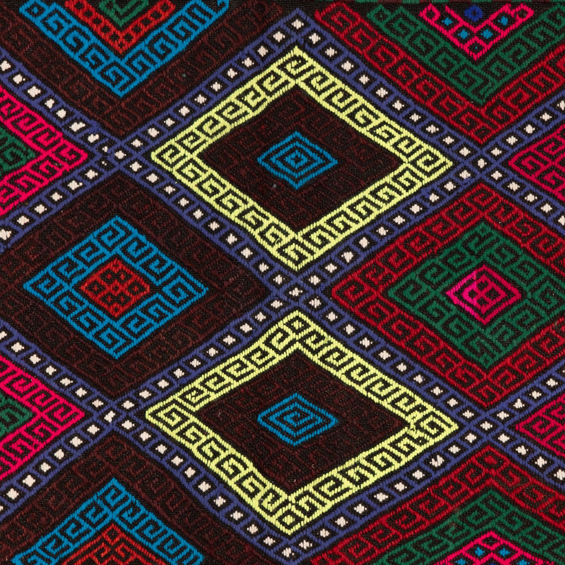 Afghan kilim runner rug, the field decorated with geometric patterned concentric lozenges in multicolours, the contrasting guard stripes with repeating chevron design
