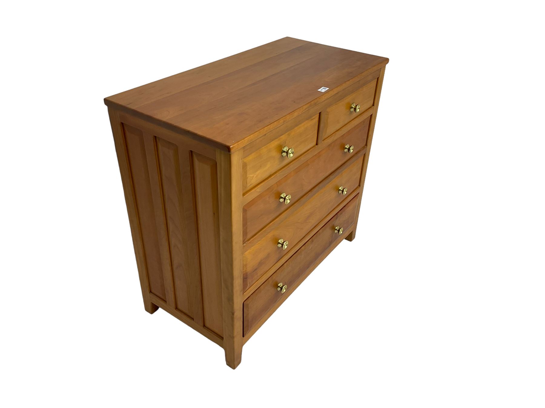 Knightman - cherrywood chest, fitted with two short and three long drawers, with panelled sides on square feet by Horace Knight workshop of Balk, Thirsk