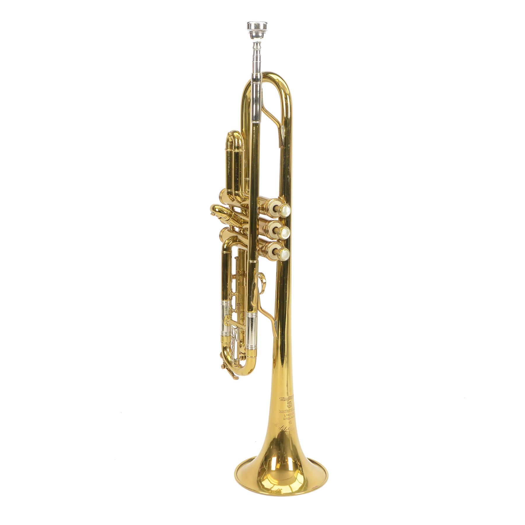 Besson brass trumpet, with three piston valves and finger hook, heavily lacquered finish with mouthpiece, within a velvet lined hard case