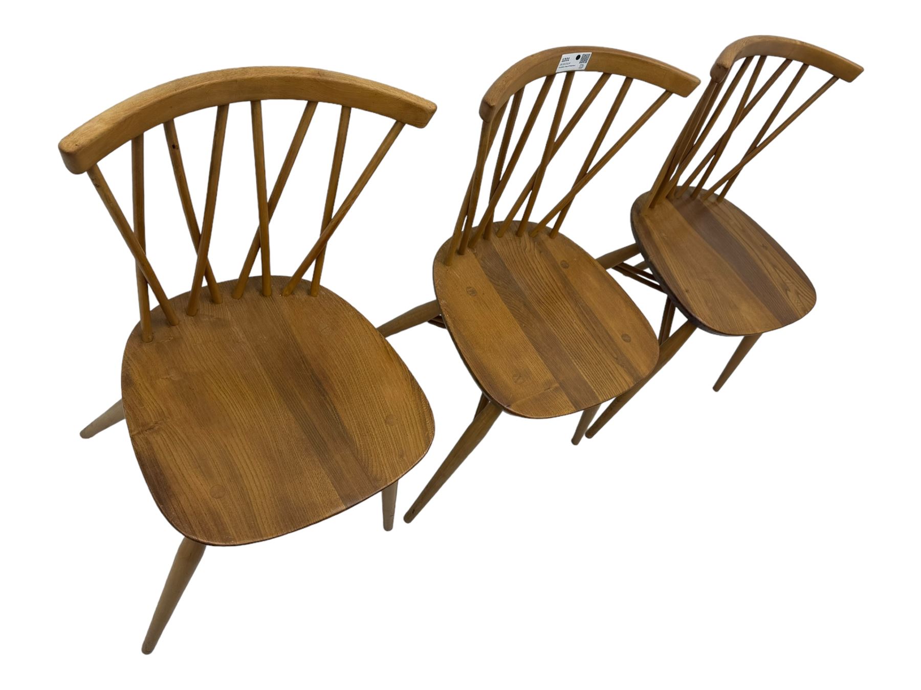 Lucian Ercolani for Ercol - set of six 'Shalstone dining chairs, curved top rail and spindle back with criss-cross design, solid seat raised on tapering supports, united by matching criss-cross stretchers