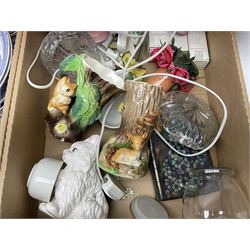 Shelley Maytime pattern sauce boat and saucer, Hornsea vases, blue and white Willow pattern dinner wares and a collection of other ceramics and glassware, in four boxes 