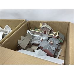 Extensive collection of scratch built buildings for use on ‘00’ gauge model railway layout, small amount of accessories and tools with a quantity of railway magazines and leaflets, in three boxes 