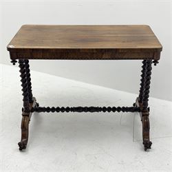 Victorian rosewood side table, rectangular top with rounded corners, four barley twist pillars on platforms connected by barley twist stretcher, out splayed scroll carved supports with brass castors, 91cm x 50cm, H73cm