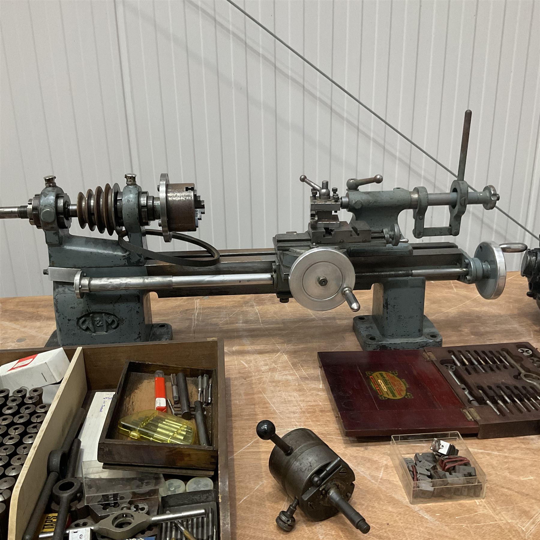 WM precision lathe with Thompson Houston electric motor together with Alfred Herbert die head and bits - THIS LOT IS TO BE COLLECTED BY APPOINTMENT FROM DUGGLEBY STORAGE, GREAT HILL, EASTFIELD, SCARBOROUGH, YO11 3TX
