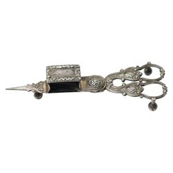 Victorian brass and black japanned microscope with accessories in original mahogany box; snuffing scissors and card case