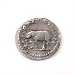Roman Empire - Titus (AD 79-81): Silver Denarius coin, obverse laureate head of Titus right, reverse elephant standing left, TR P IX IMP XV COS VIII P P; AD 80, Rome mint

Notes: Obverse legend includes VESPASIAN as Titus’ patronymic, not indicating the reign of Vespasian.