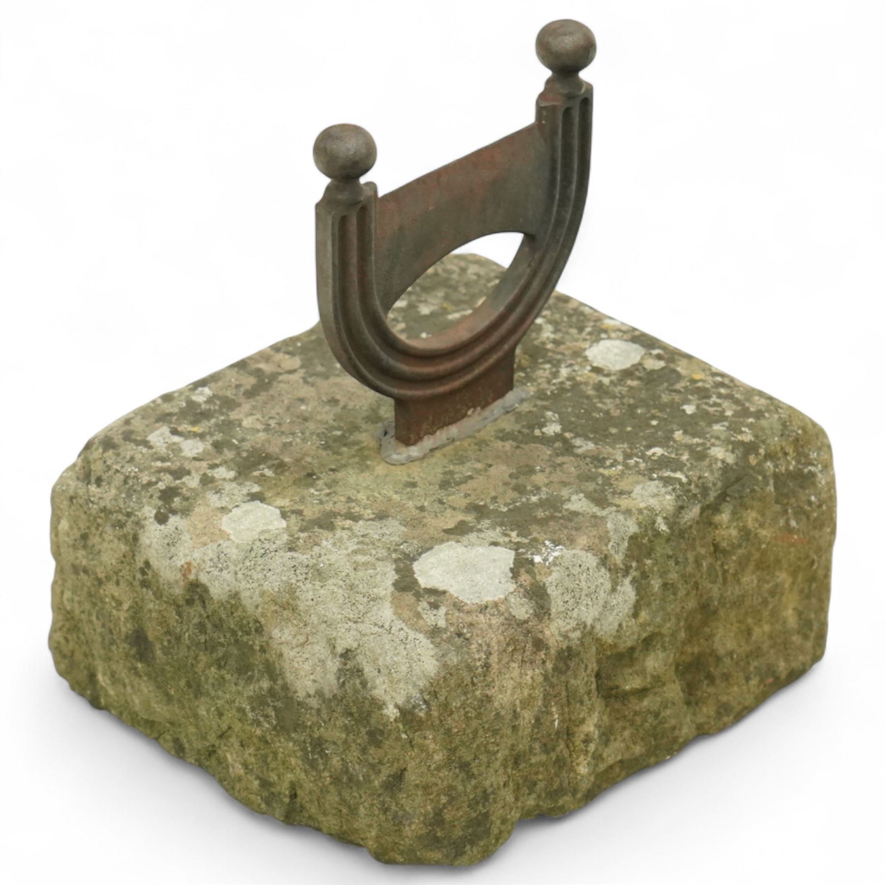 19th century cast iron boot scraper on stone plinth, H30cm